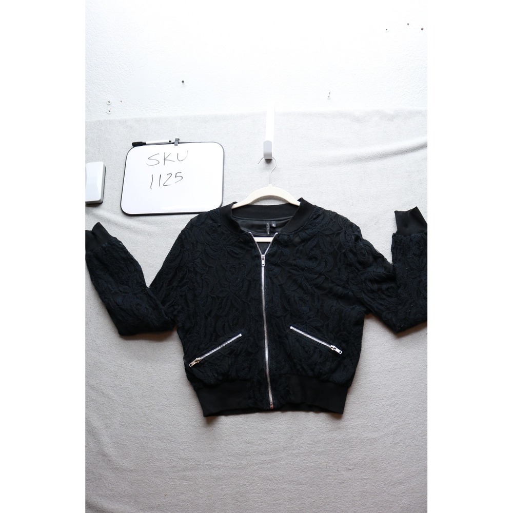 Love + Haight Bomber Jacket Womens M Black Lace Zip Up Lightweight Floral Ribbed